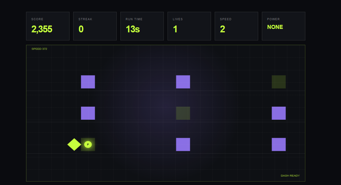 Glitch Dash gameplay showing three lanes, purple gates, and a Phase power-up